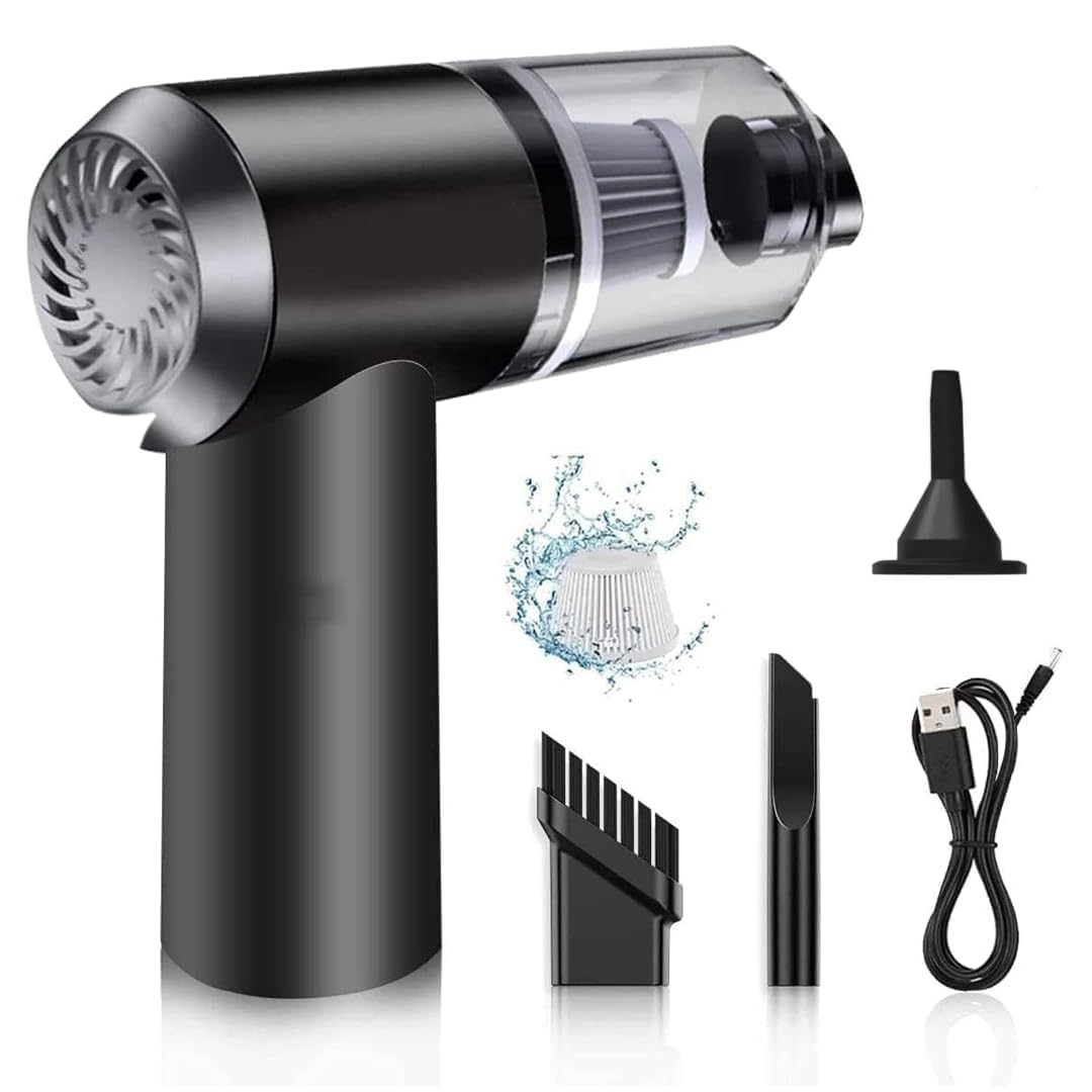 Black handheld vacuum cleaner with attachments on a white background