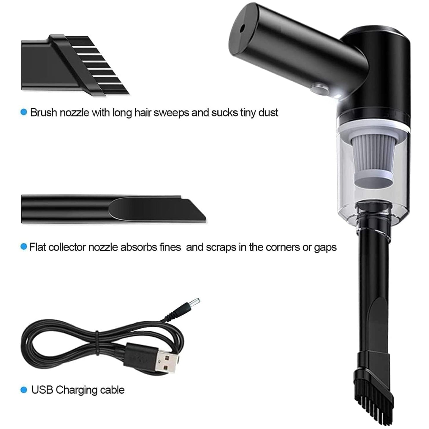 Black handheld vacuum cleaner with attachments and USB charging cable on a white background