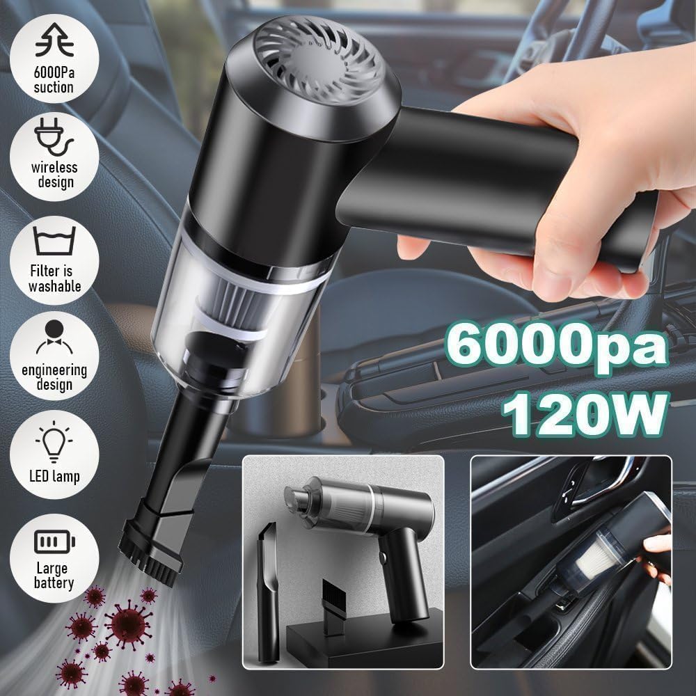 Handheld vacuum cleaner with features highlighted, held by a hand inside a car.