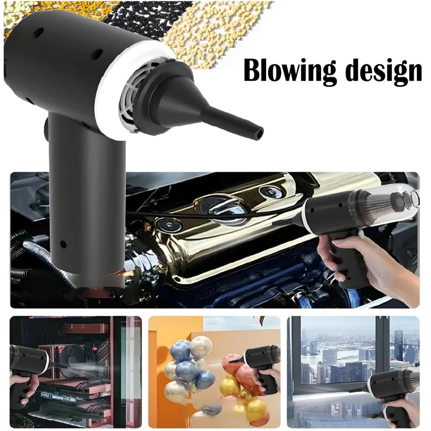 Black and white air blower with various uses including car detailing, cleaning books, and cleaning windows.