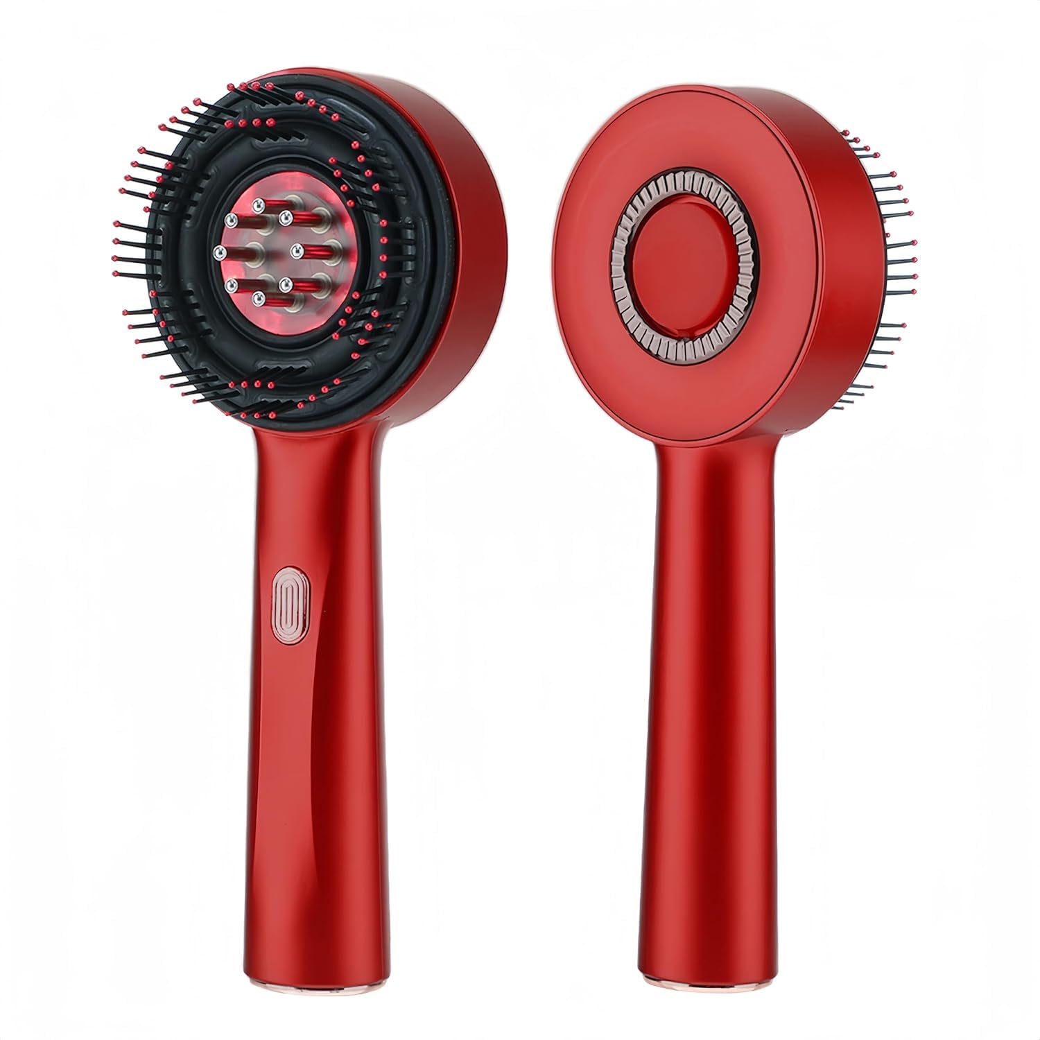 Two red handheld hair tools with different brush heads on a white background