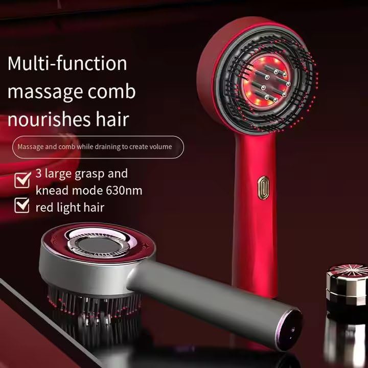 Red multi-function massage comb with text on a dark background