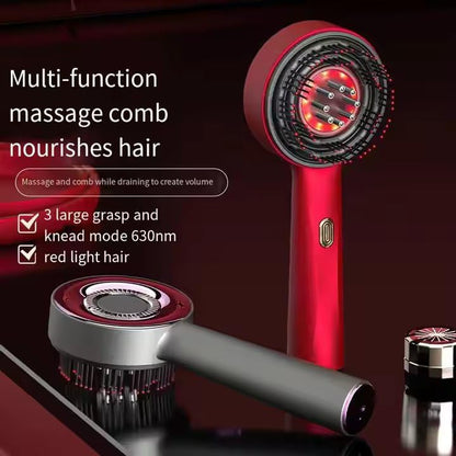 Red multi-function massage comb with text on a dark background