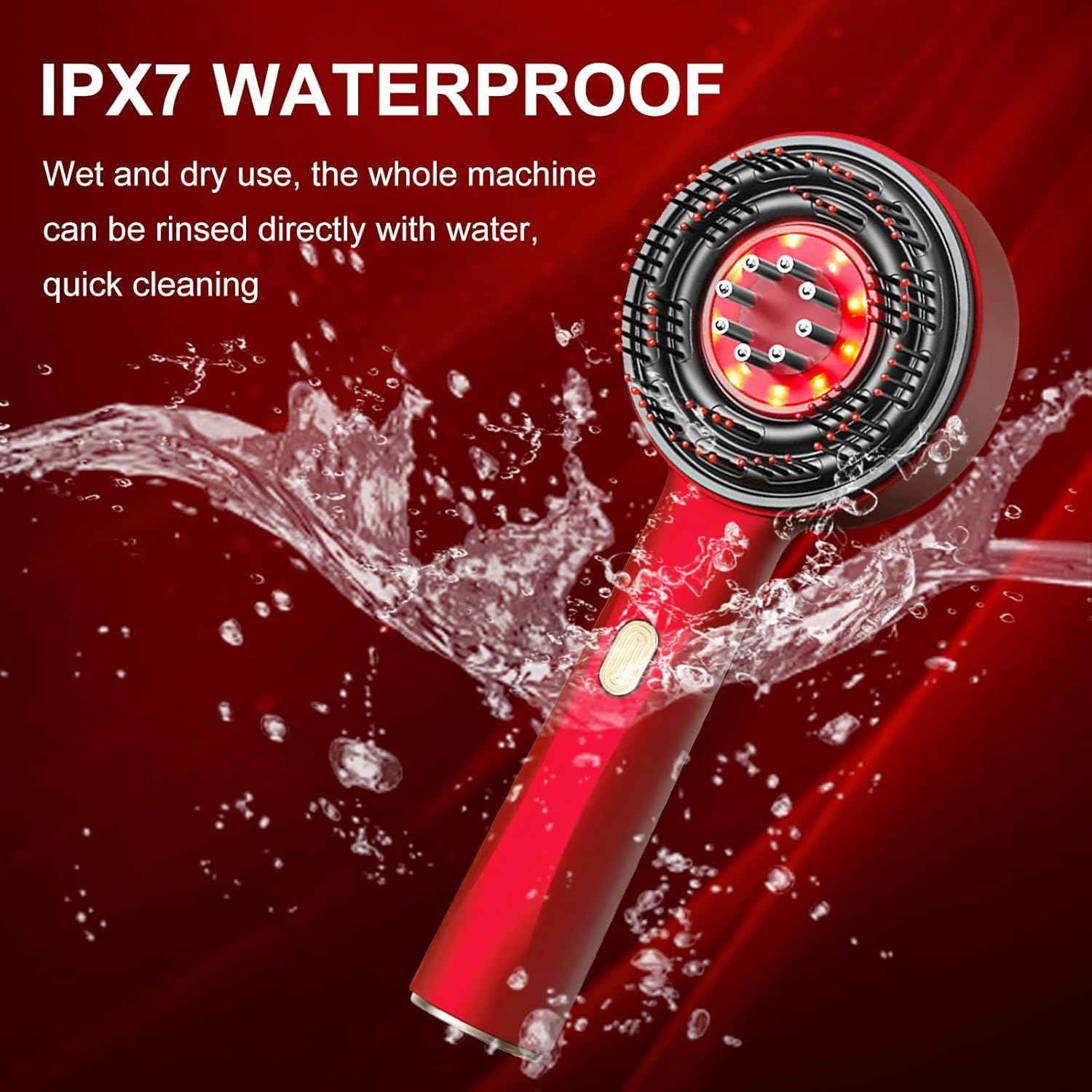 Red handheld cleaning device with water splashes on a red background, highlighting IPX7 waterproof feature.