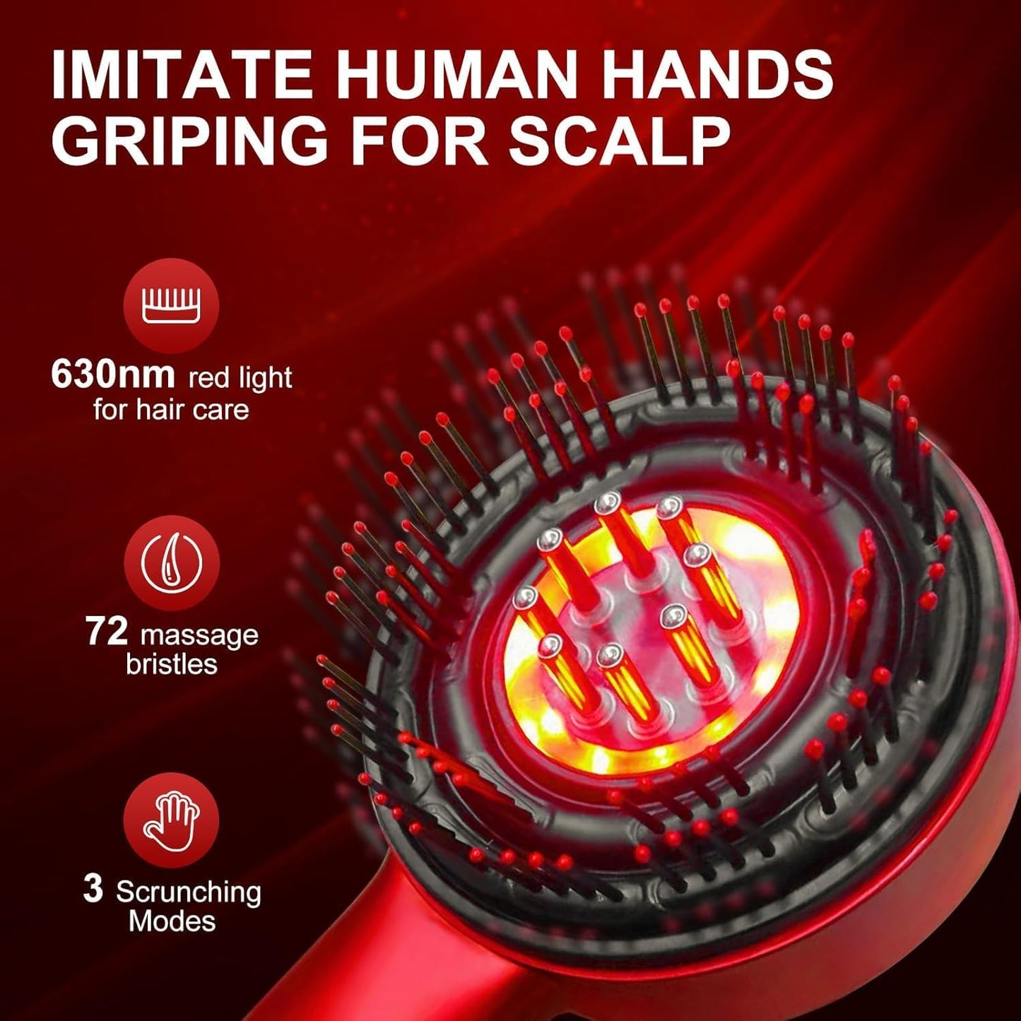 Red light hair care device with massage bristles on a red background