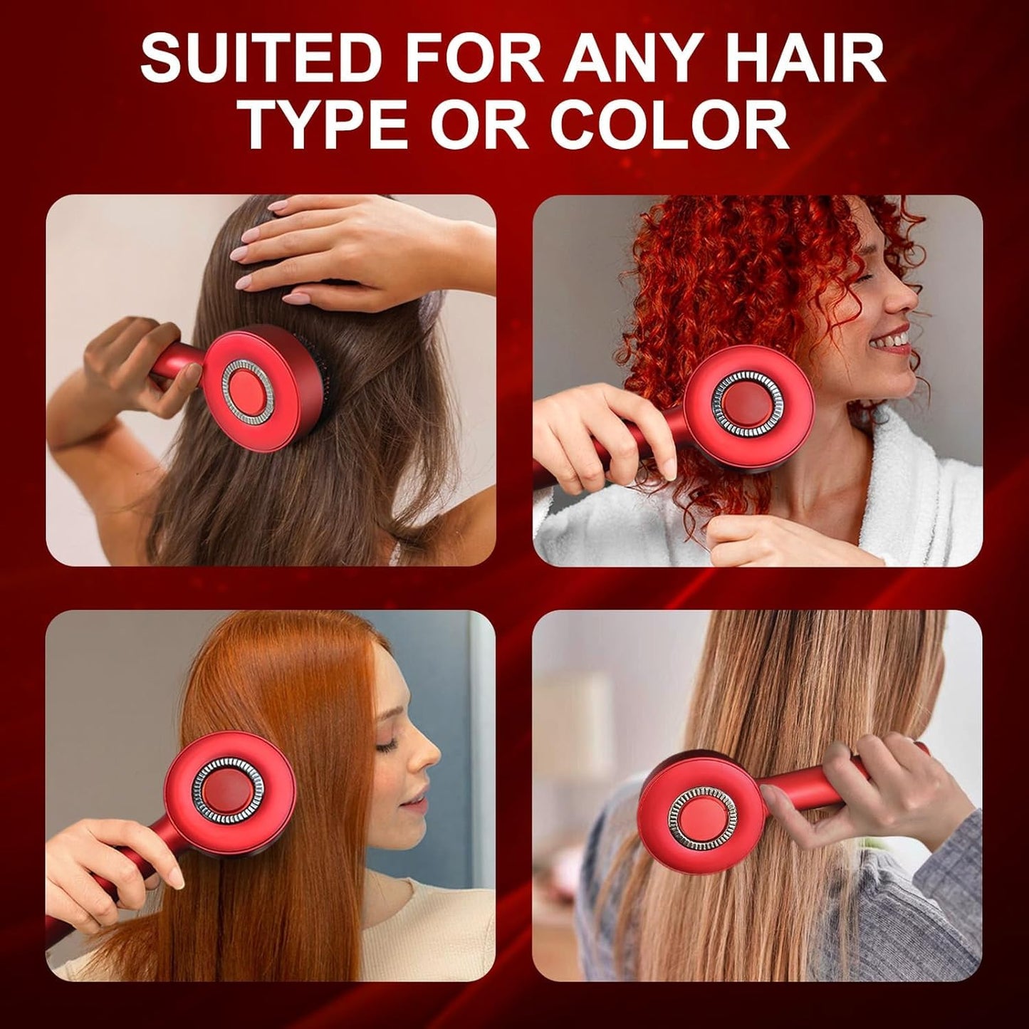 Red hairbrush being used on different hair types with text 'Suited for any hair type or color' on a red background.