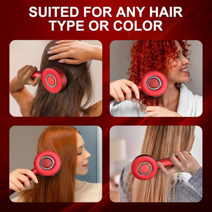 Red hairbrush being used on different hair types with text 'Suited for any hair type or color' on a red background.