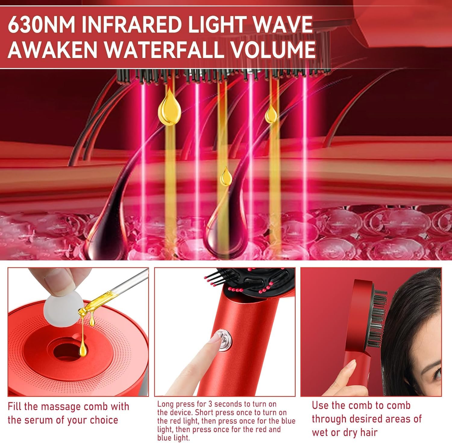 Red hair care device with text about infrared light wave technology and usage instructions.