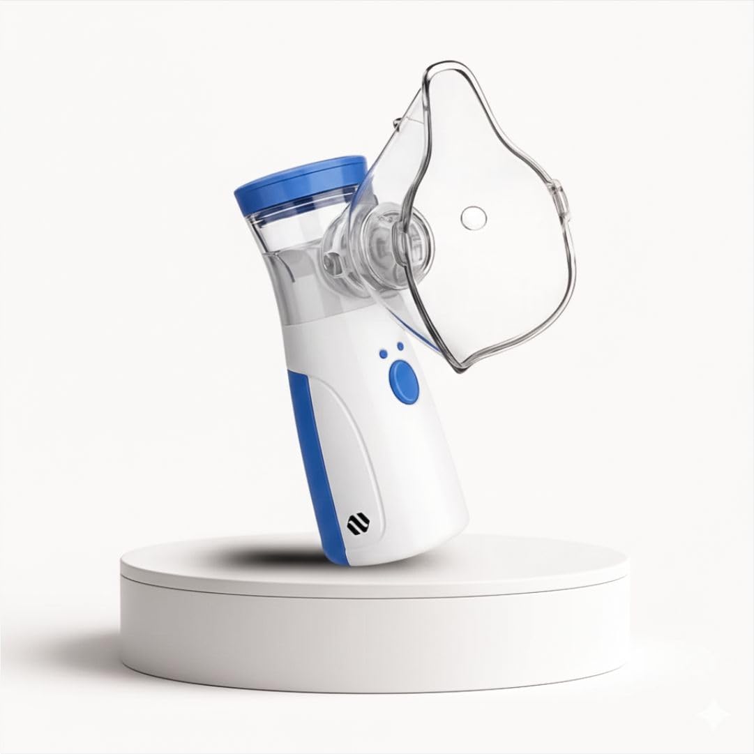 White and blue handheld inhaler device on a white background