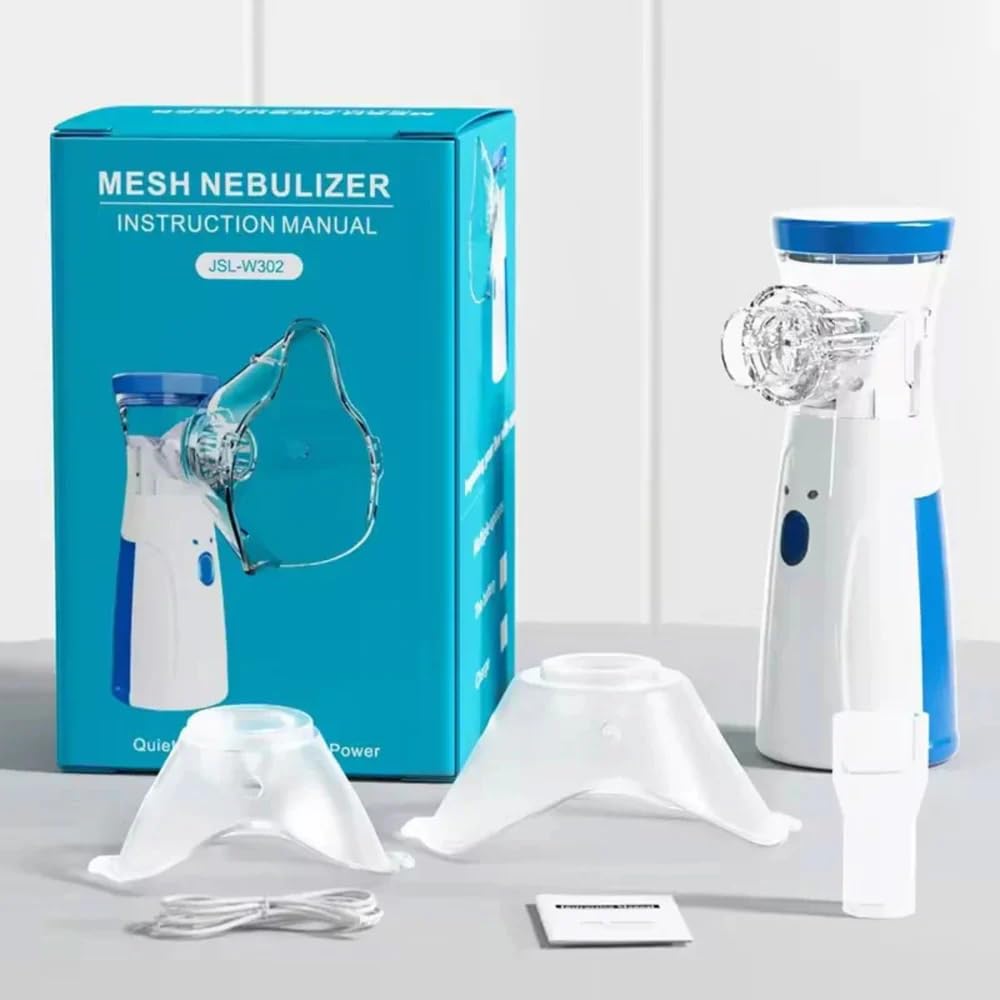 Mesh Nebulizer with packaging and accessories on a light gray background