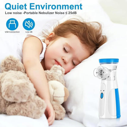 Child sleeping with a teddy bear next to a portable nebulizer with text about quiet environment and USB connection.