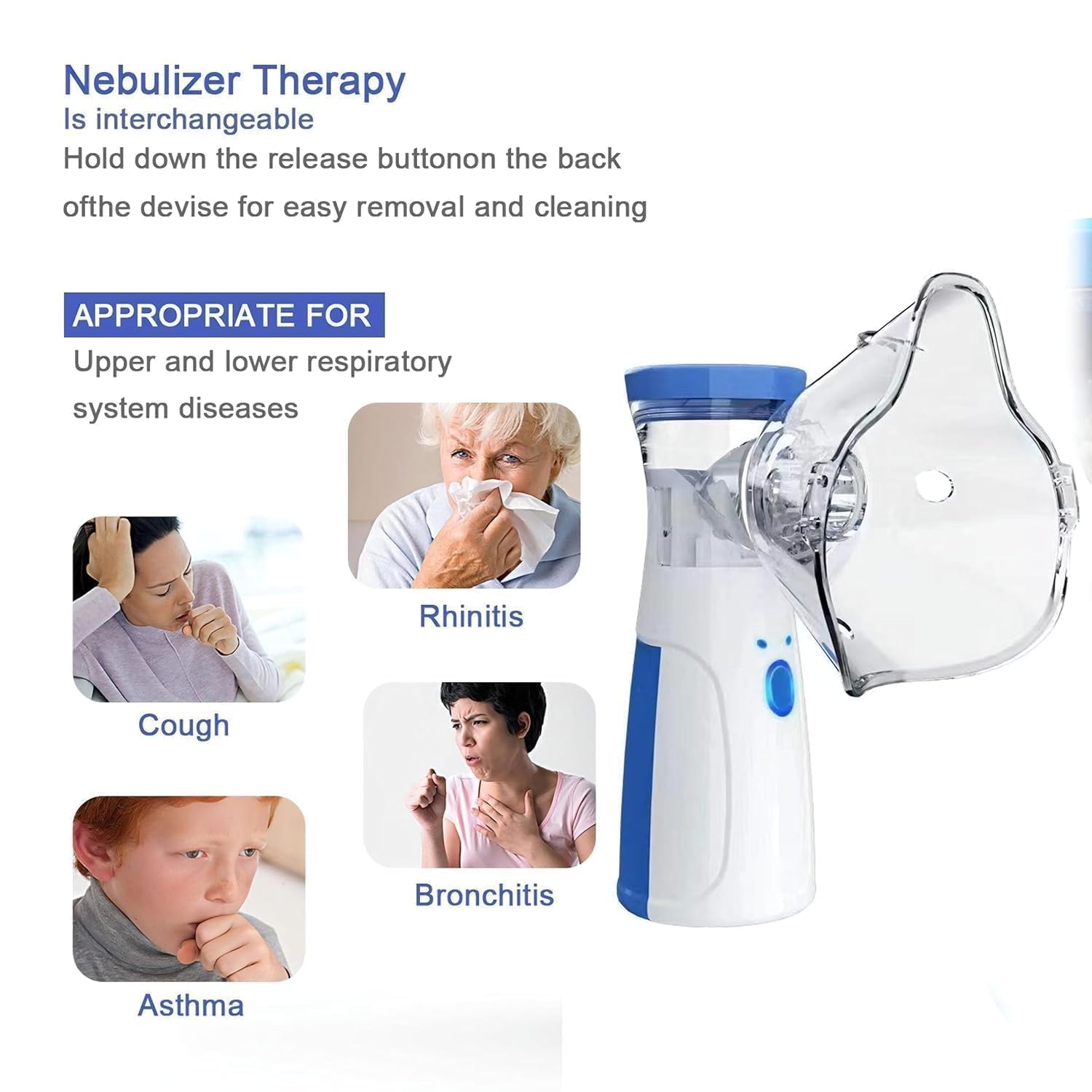 Nebulizer device with text and images of people using it for respiratory conditions on a white background.