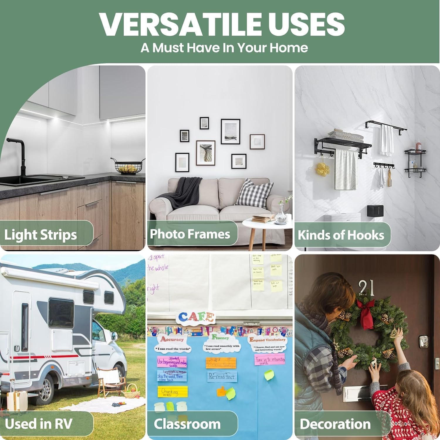 Collage of various uses for light strips, photo frames, hooks, RV, classroom, and decoration.