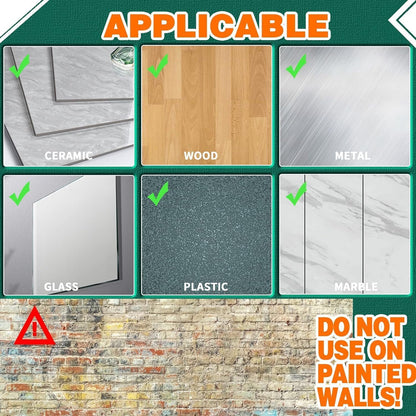 Types of surfaces that a product is applicable to, including ceramic, wood, metal, glass, plastic, and marble, with a warning not to use on painted walls.