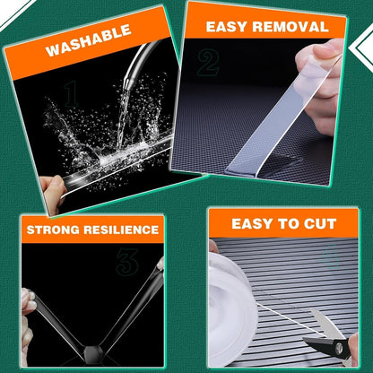 Collage of features including washable, easy removal, strong resilience, and easy to cut on a green background.