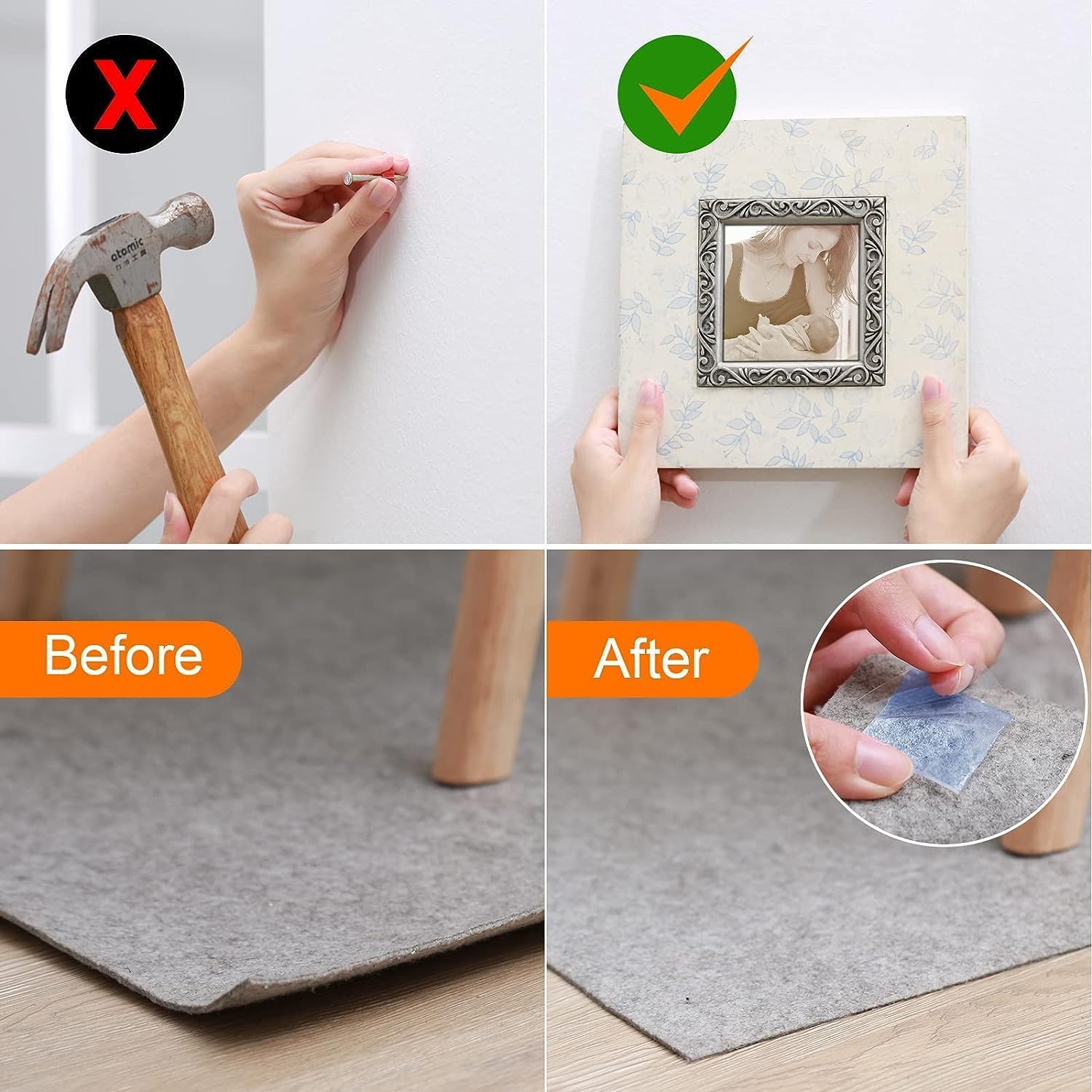 Collage showing a person using a hammer on a wall, holding a picture frame, and applying a protective mat with 'Before' and 'After' labels.
