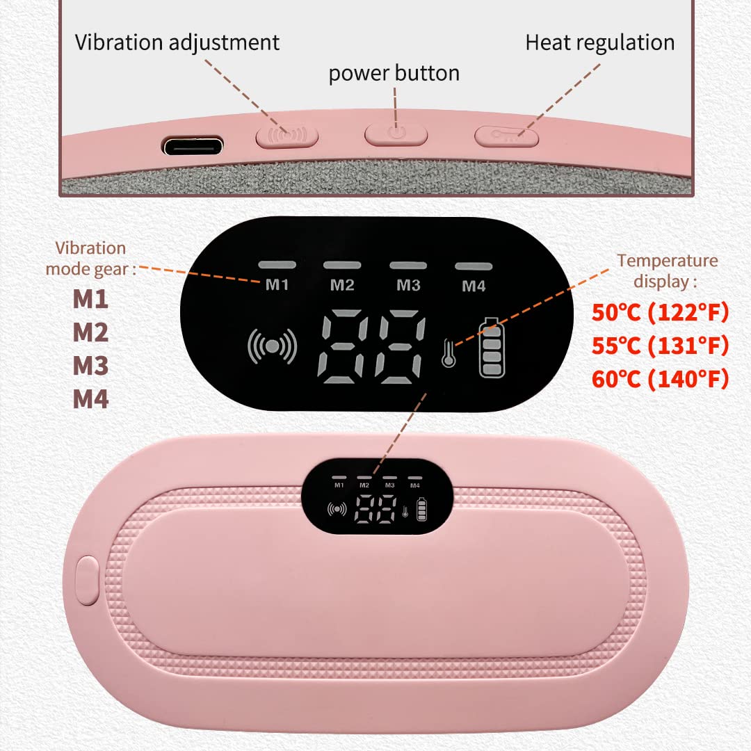 Pink Period Cramp Relief Massager with digital display and temperature settings on a white background