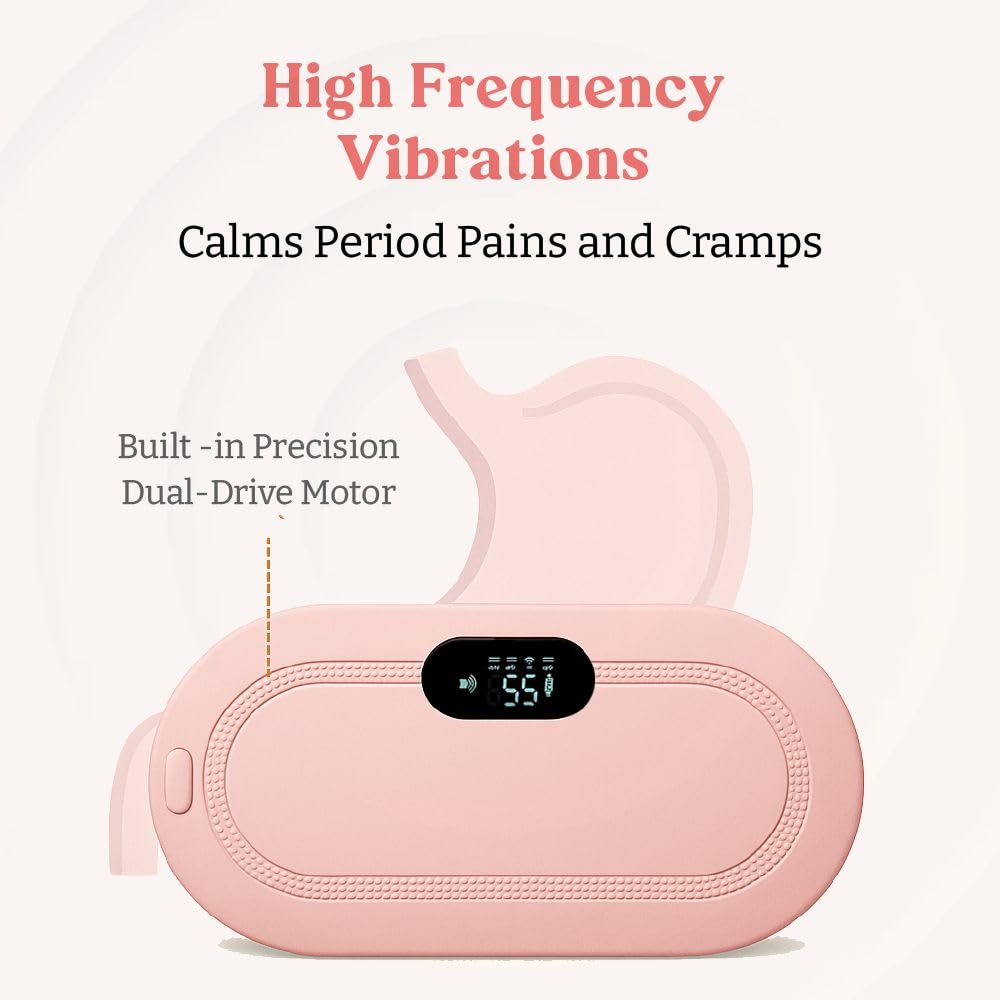 Pink device with digital display on a white background, labeled for period pain relief.