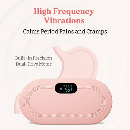 Pink device with digital display on a white background, labeled for period pain relief.