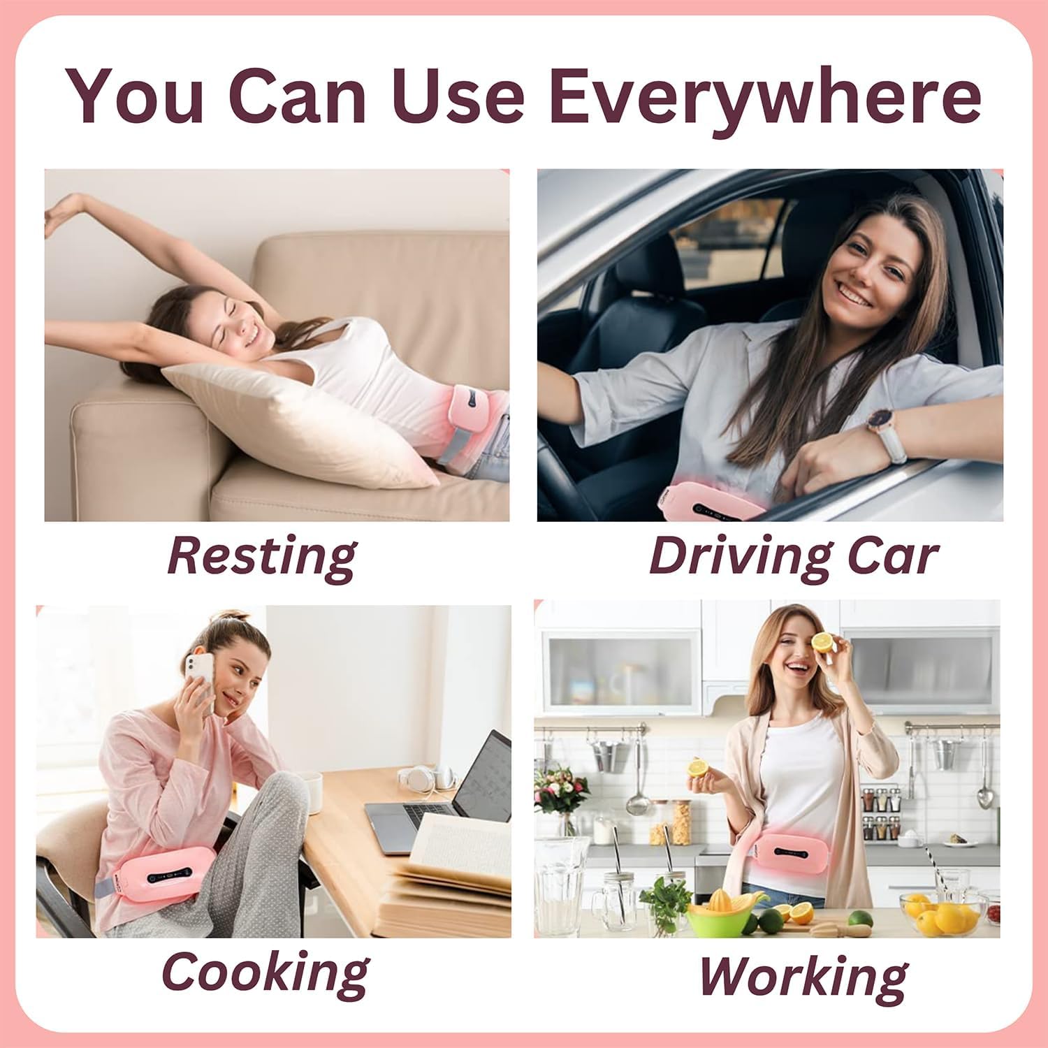 Collage of a woman using a pink waist bag in various settings with text indicating its versatility.