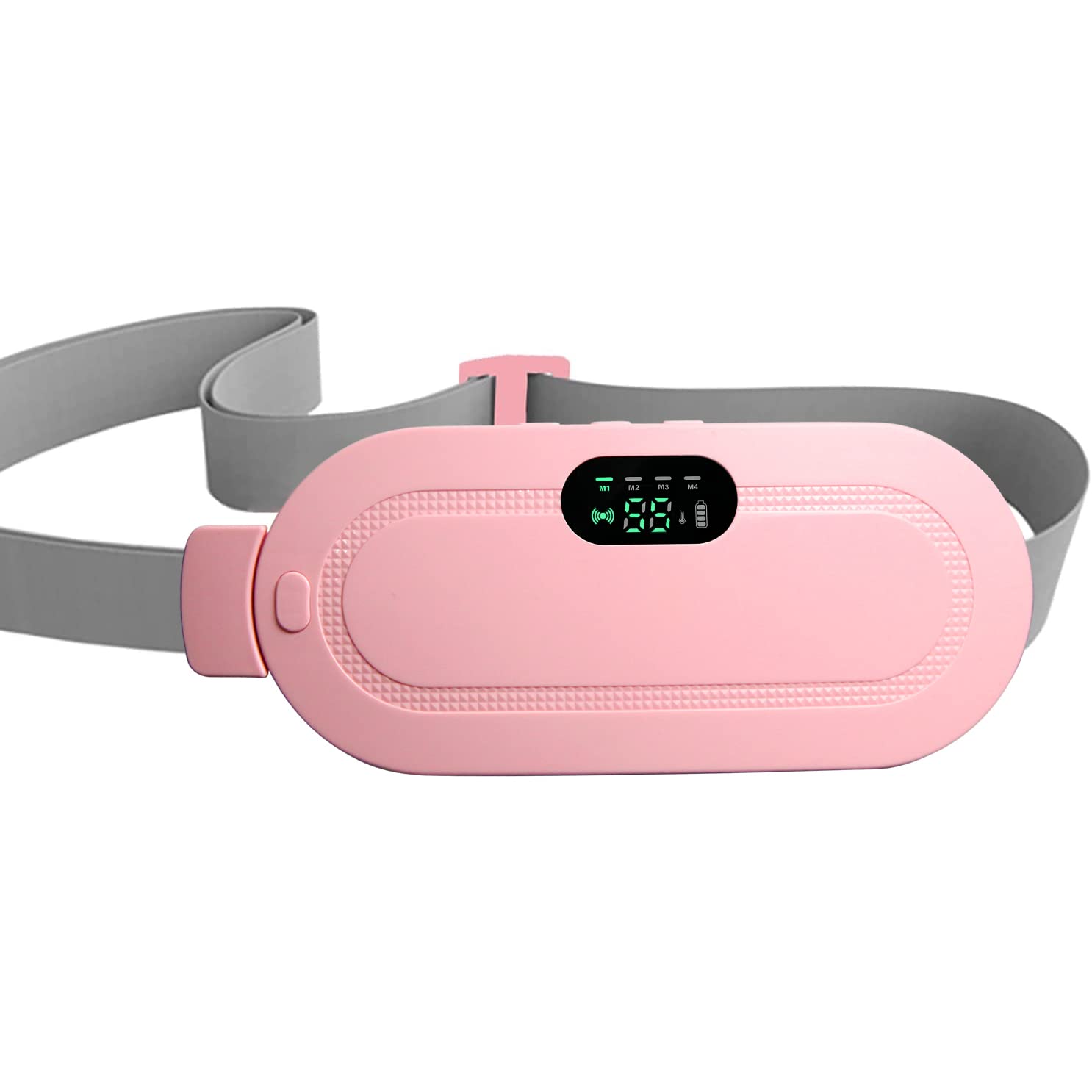 Pink cramp relief massager with a digital display on a white background
