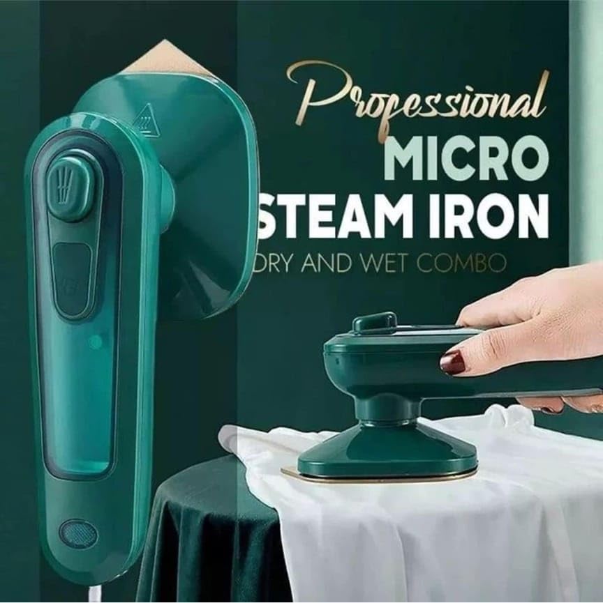 Professional micro steam iron with text on a dark background