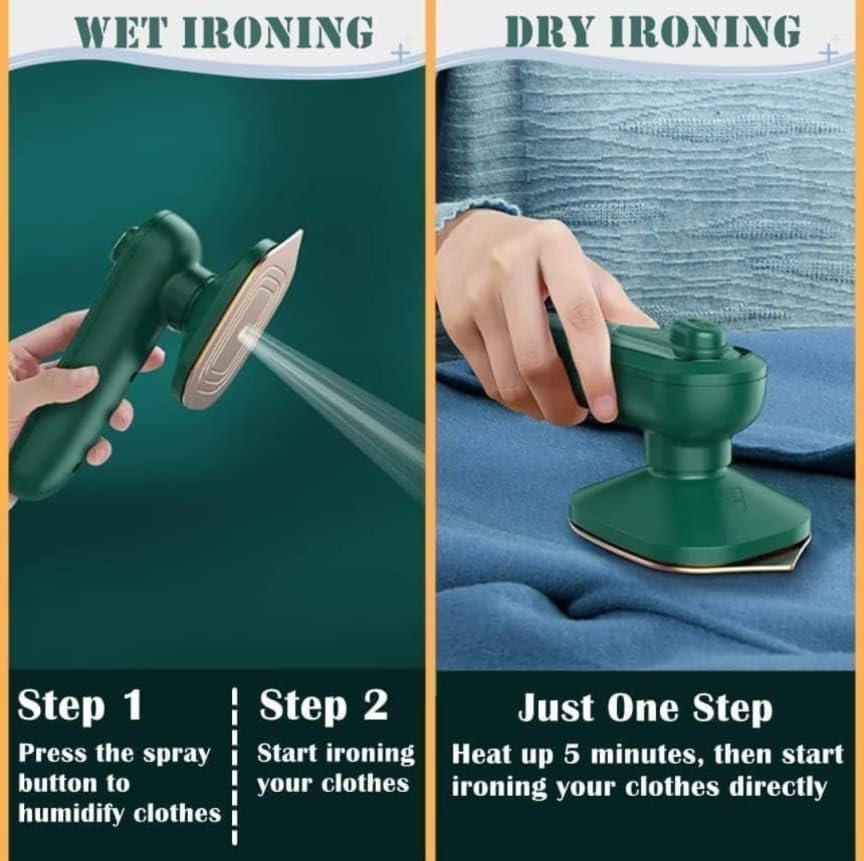 Comparison of wet ironing and dry ironing with a green iron on a blue fabric background.