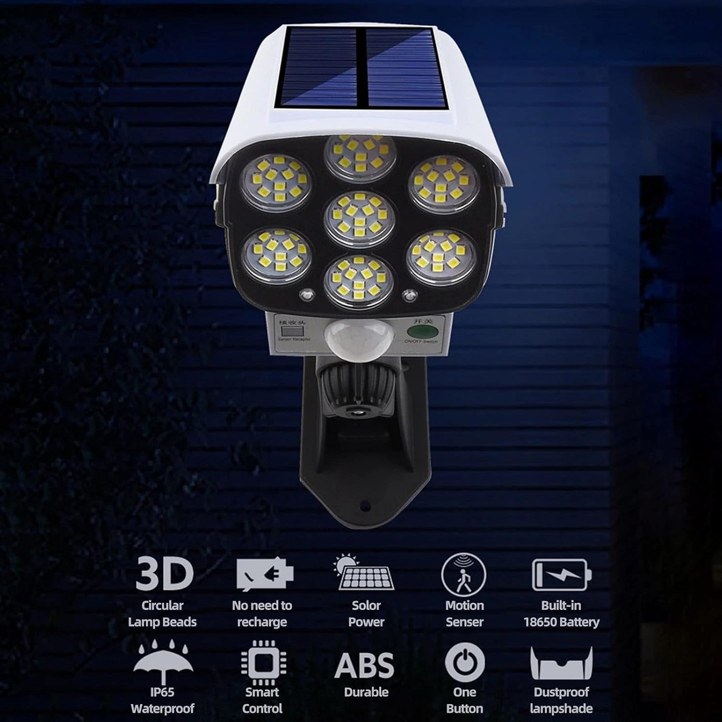 Solar-powered security light with features listed on a dark background