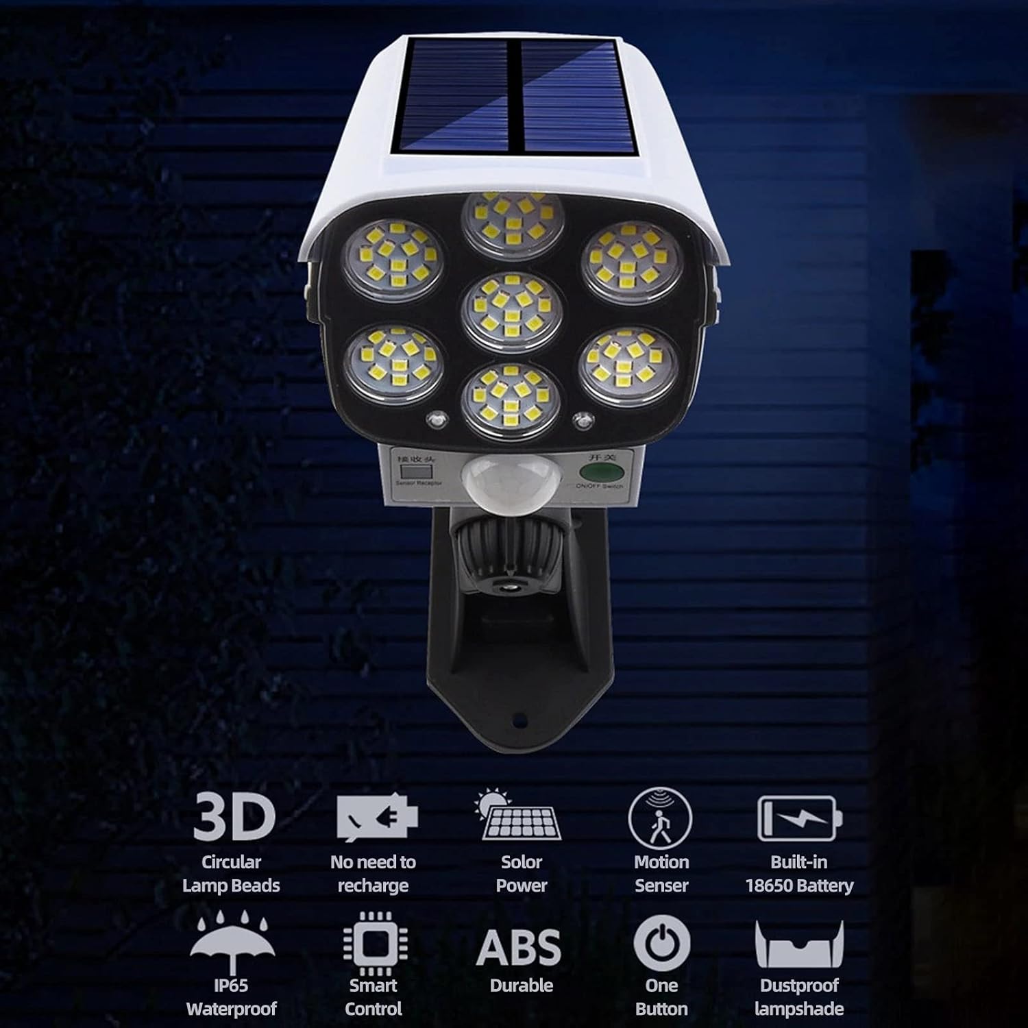 Solar-powered security light with features listed on a dark background