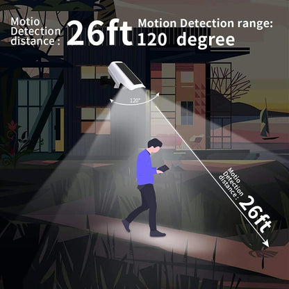 Illustration of a motion detection light with range details in an outdoor setting.