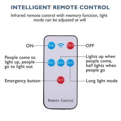 Intelligent remote control with labeled buttons and functions on a white background