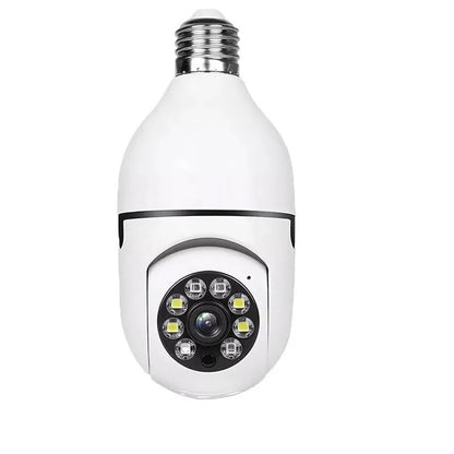 White security camera in the shape of a light bulb on a white background