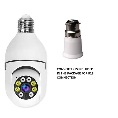 Smart light bulb with camera attachment and converter on a white background