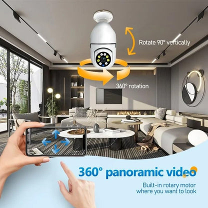 Smart camera with 360-degree rotation feature in a modern living room setting.